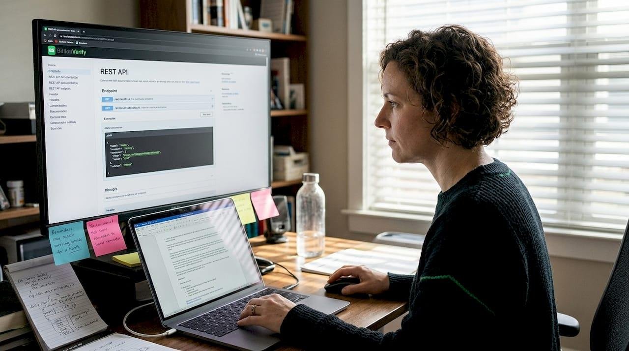 Developer reading API documentation on a laptop with code examples and endpoint navigation.