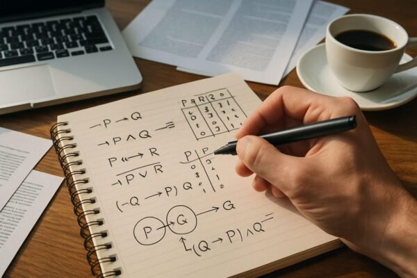Logic in discrete mathematics with mathematical equations and programming code on a study desk.