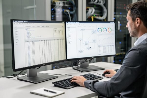 Database administrator monitoring database systems and server performance on computer screens.