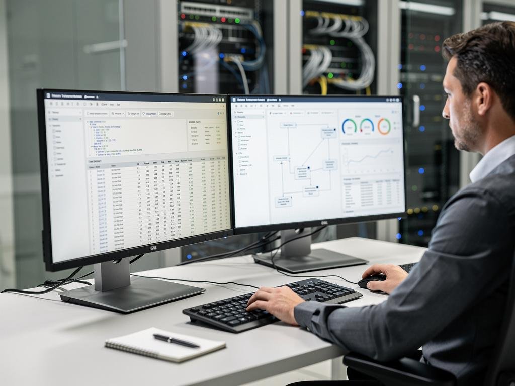 Database administrator monitoring database systems and server performance on computer screens.