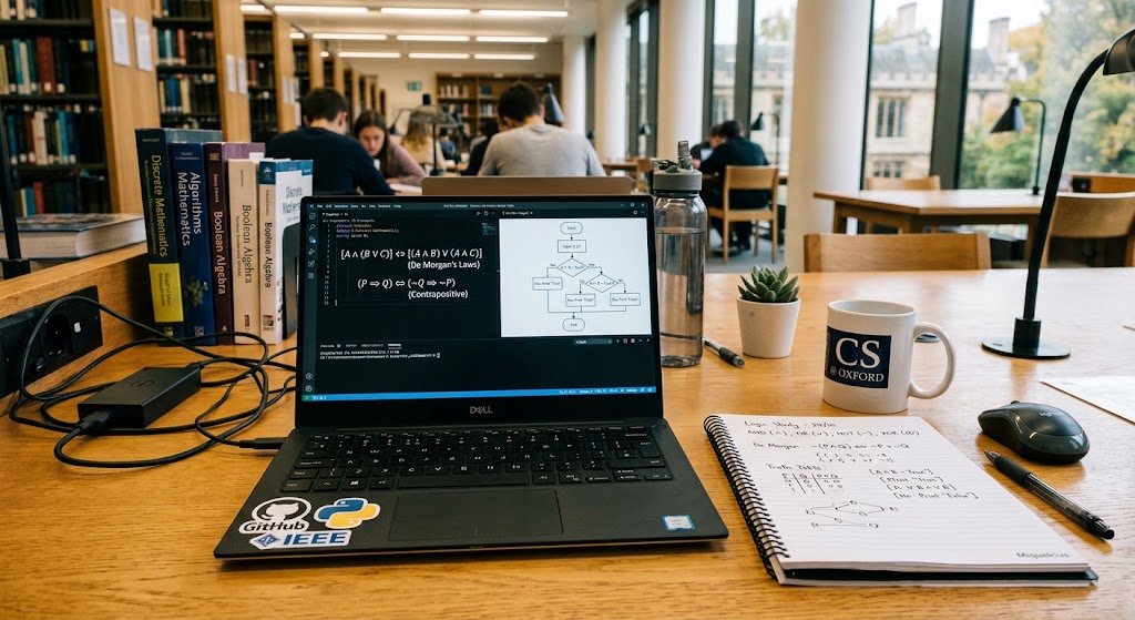 Logic in computer science with propositions and logical operators on a laptop