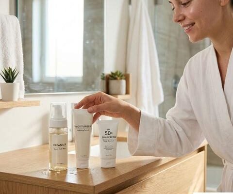 Basic skincare products including facial cleanser, moisturizer, and sunscreen arranged on a bathroom counter.