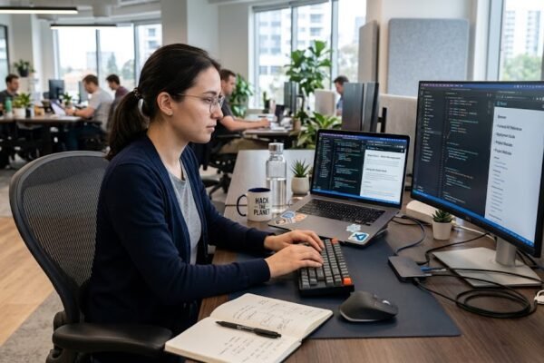 Software developer writing technical documentation alongside code