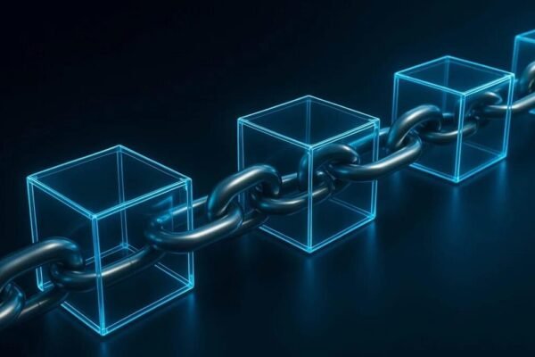 Interconnected digital blocks representing blockchain technology and secure data transactions.