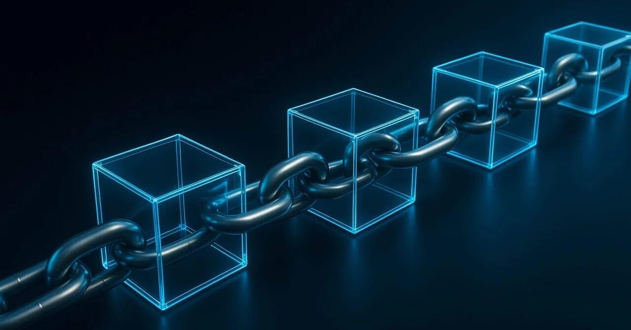 Blockchain Technology Explained: How It Works, Benefits, Risks, and Real-World Uses in 2026 2 Interconnected digital blocks representing blockchain technology and secure data transactions.