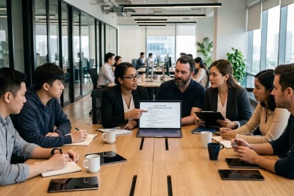 Software development team reviewing a Software Requirements Specification document