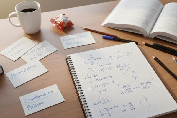 Student's notebook showing permutations and combinations formulas in discrete mathematics.