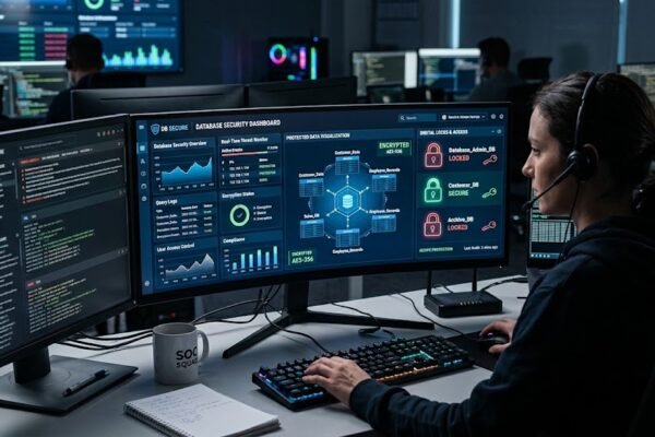 Database security dashboard showing protected data, digital locks, and cybersecurity monitoring