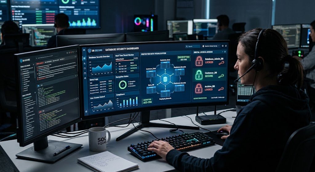 Database Security: How to Protect Data From Unauthorized Access 1 Database security dashboard showing protected data, digital locks, and cybersecurity monitoring