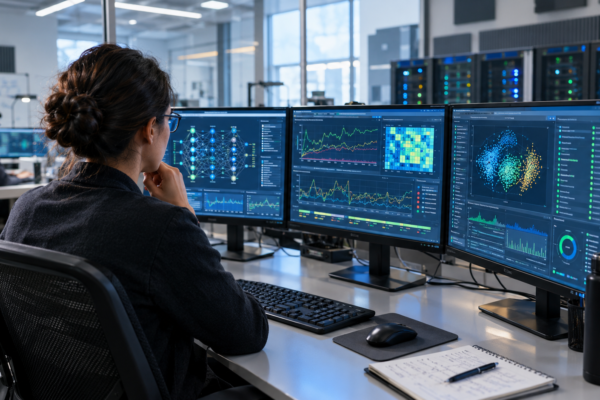 Researchers monitoring super intelligence in a secure AI safety laboratory.