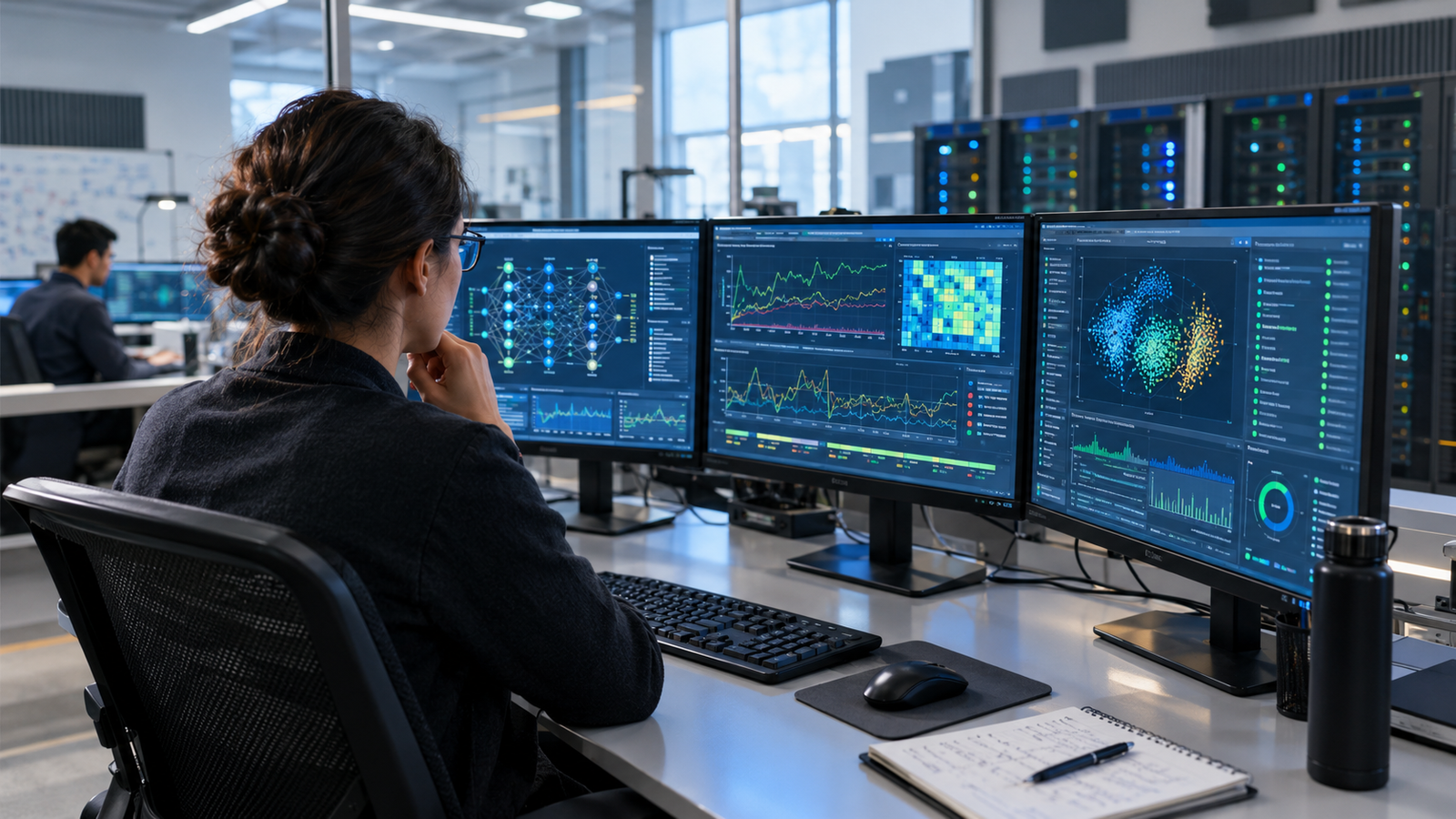 Researchers monitoring super intelligence in a secure AI safety laboratory.