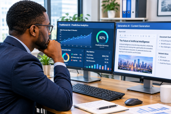 generative AI vs traditional AI comparison using predictive analytics and AI-generated content at a professional workstation.