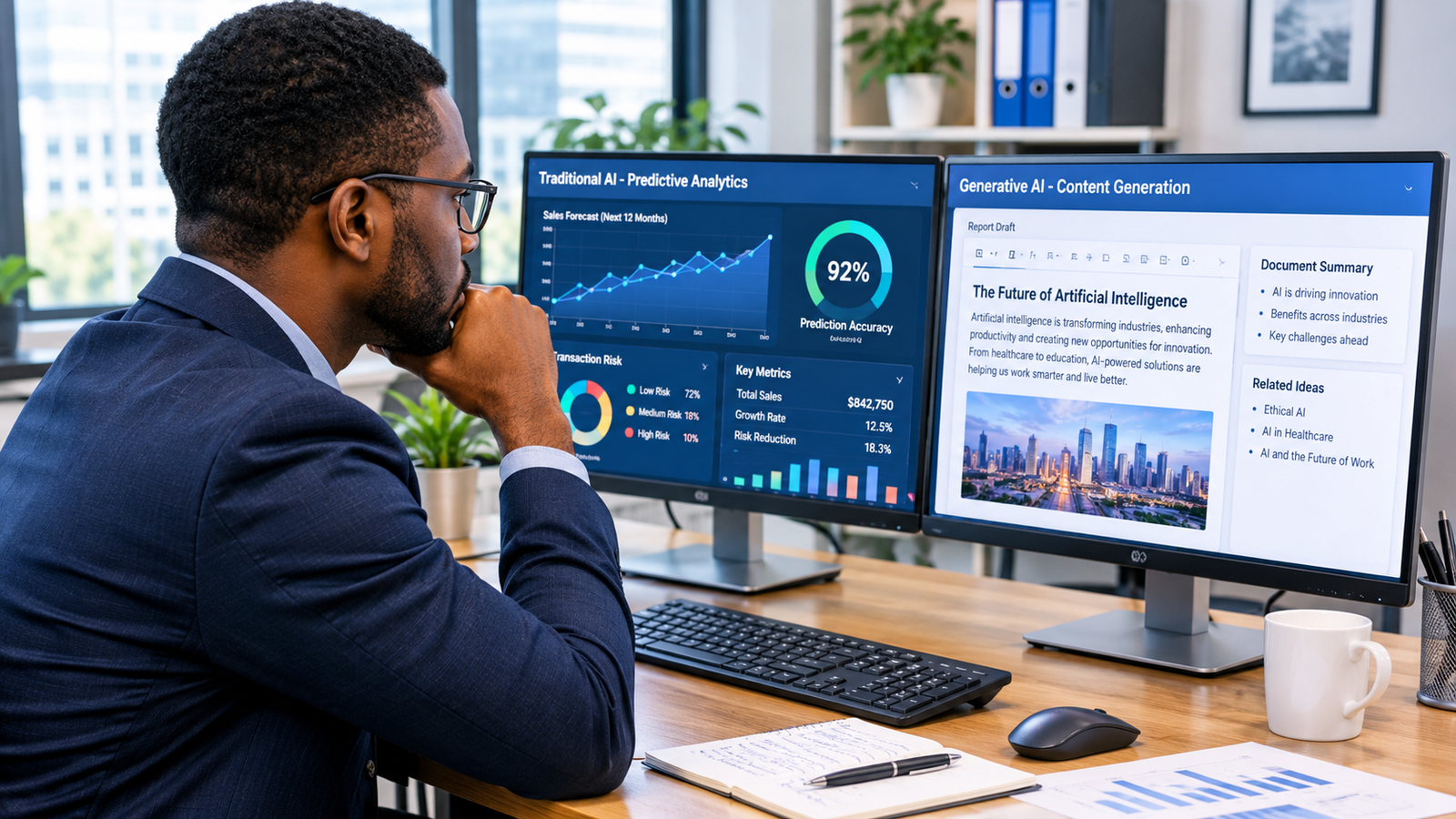 generative AI vs traditional AI comparison using predictive analytics and AI-generated content at a professional workstation.