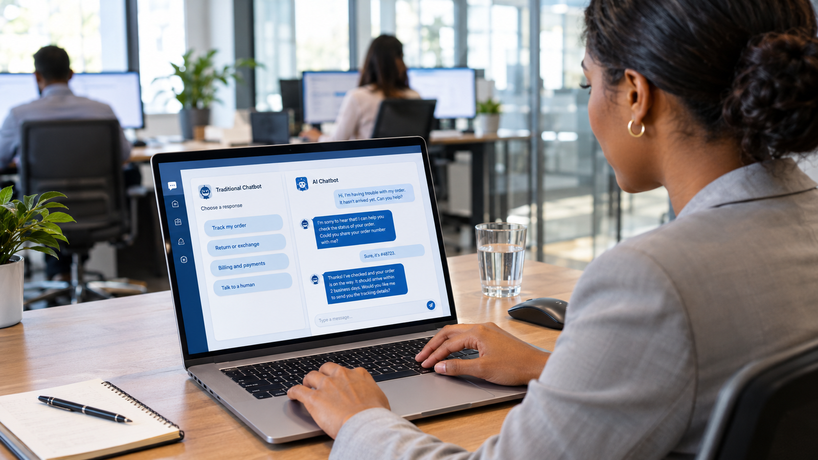 AI chatbots vs traditional chatbots compared in a modern business customer service workspace.