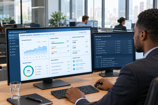 AI agents and machine learning helping a business professional automate tasks and analyze data.
