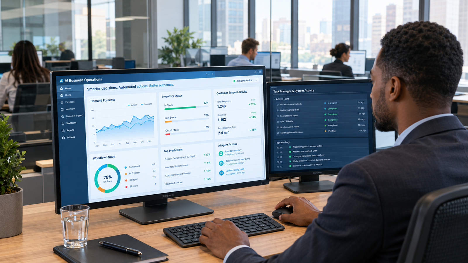 AI agents and machine learning helping a business professional automate tasks and analyze data.