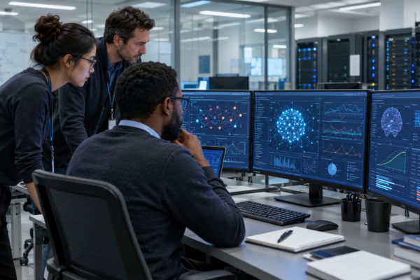 Researchers examine artificial superintelligence risks in a modern AI safety laboratory.