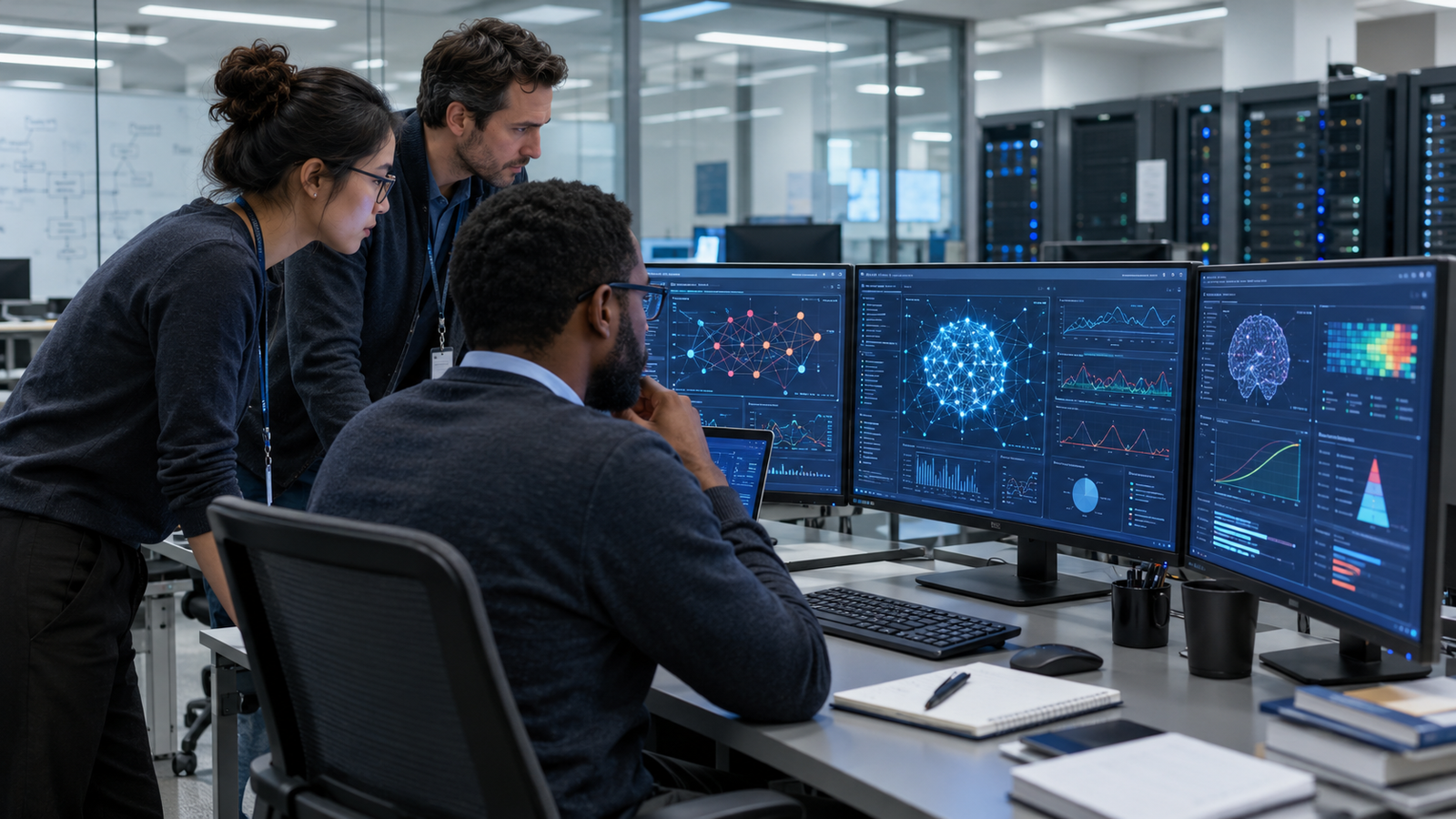 Researchers examine artificial superintelligence risks in a modern AI safety laboratory.