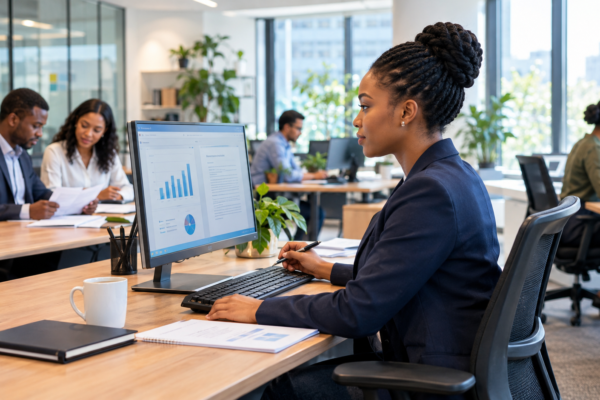 AI for business productivity in a modern office where employees review AI-assisted work