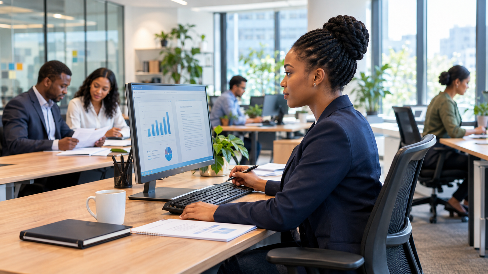 AI for business productivity in a modern office where employees review AI-assisted work