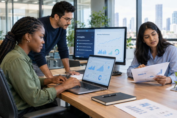 Superintelligent AI supporting human collaboration and productivity in a modern workplace.