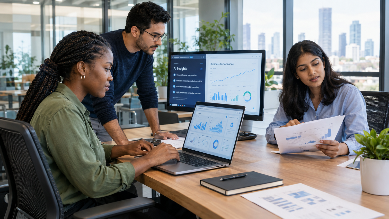 Superintelligent AI supporting human collaboration and productivity in a modern workplace.