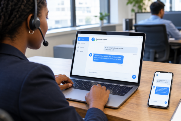 What is a chatbot technology: customer service employee using a chatbot on a laptop and smartphone.