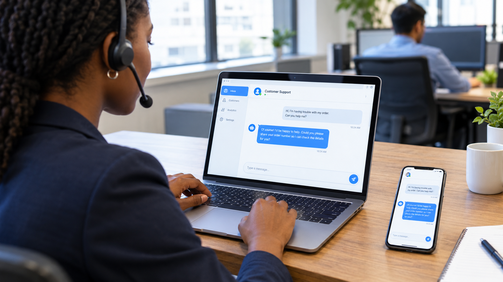 What is a chatbot technology: customer service employee using a chatbot on a laptop and smartphone.