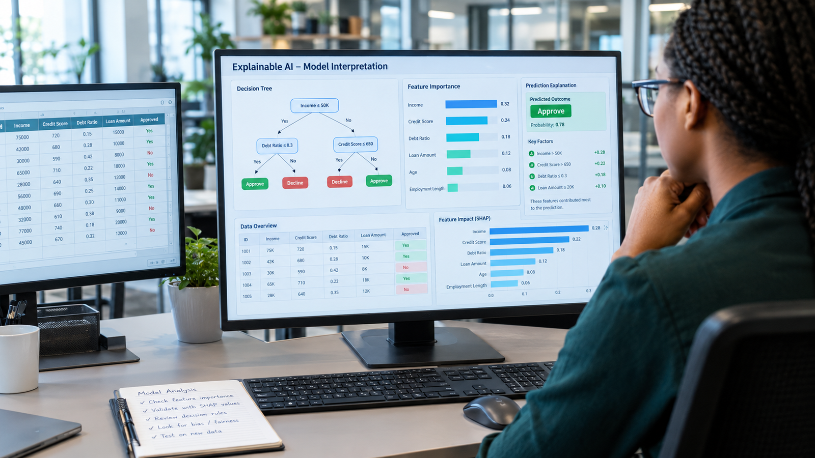 Explainable AI dashboard showing how machine learning models make decisions through data analysis and feature importance.