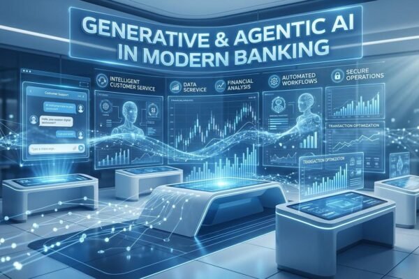 Generative AI and agentic AI transforming modern banking through intelligent automation and financial data analysis.
