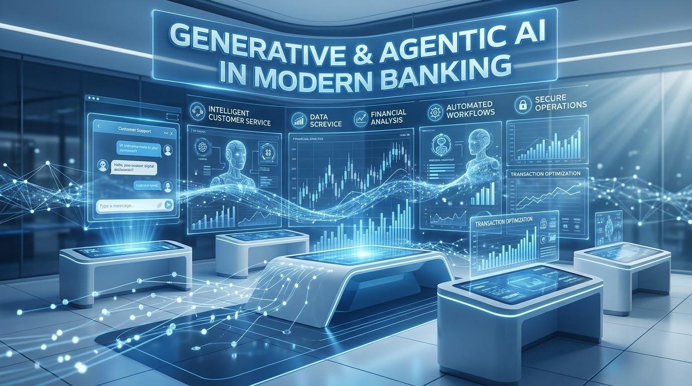 Generative AI and agentic AI transforming modern banking through intelligent automation and financial data analysis.
