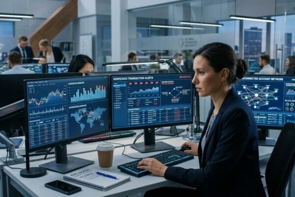 Bank analyst using big data analytics to detect money laundering and financial crime.