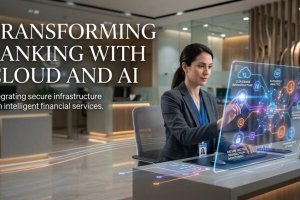 Cloud computing and artificial intelligence technologies transforming modern banking services.