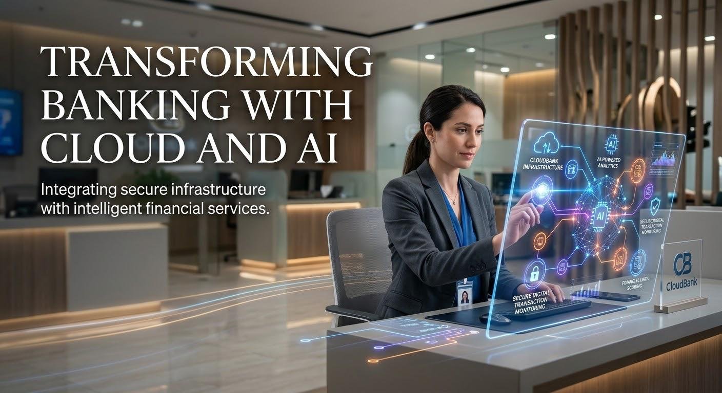 Cloud computing and artificial intelligence technologies transforming modern banking services.