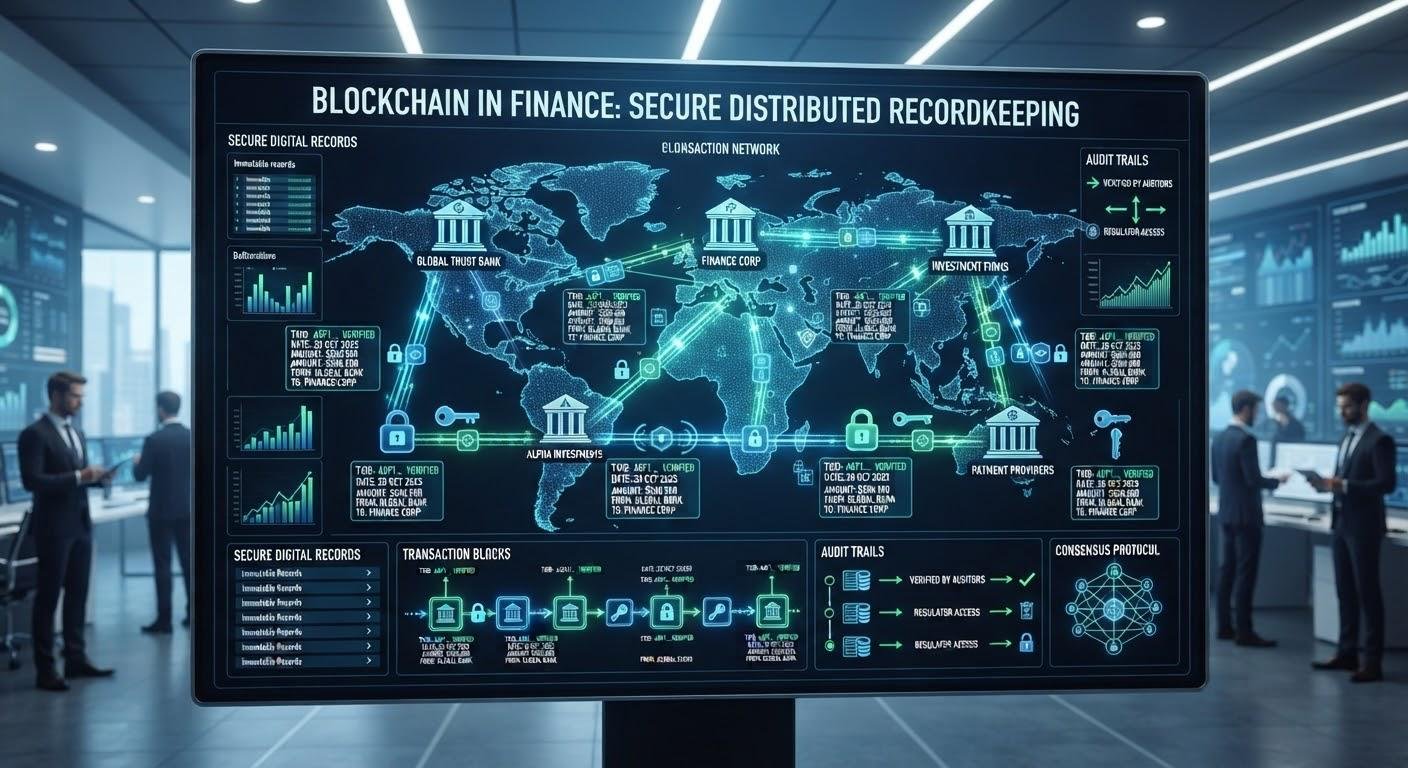 Blockchain for financial recordkeeping showing secure digital financial records