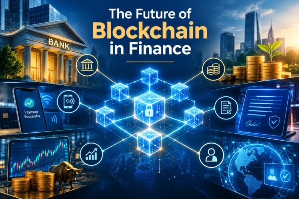 Blockchain technology connecting banking, digital payments, trading, and investment in the future of finance.
