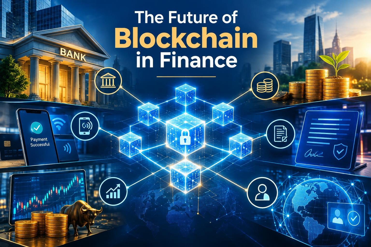 Blockchain technology connecting banking, digital payments, trading, and investment in the future of finance.