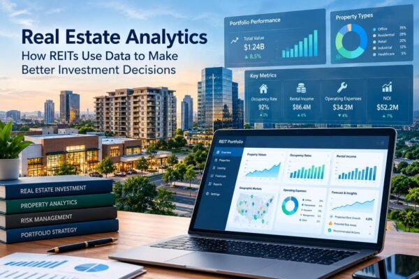 Real estate analytics dashboard showing property investments, financial charts, and commercial buildings for REIT portfolio management.