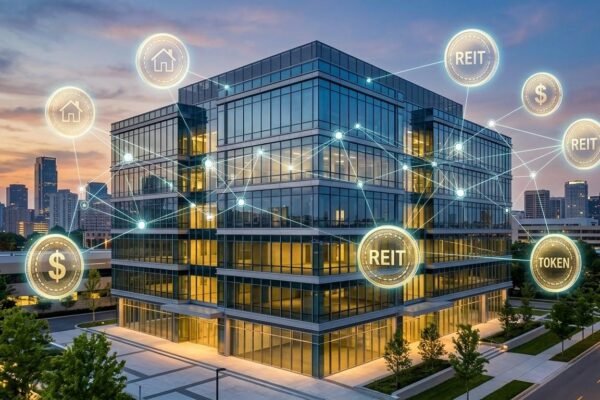 Blockchain and REITs showing real estate tokenization and digital property investment.
