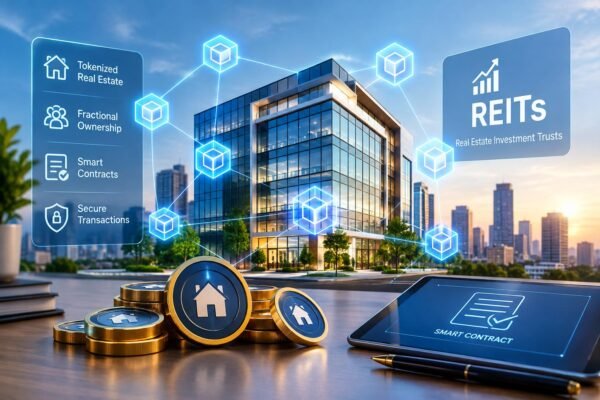 Blockchain and REITs illustrating tokenized real estate investment and digital property ownership.