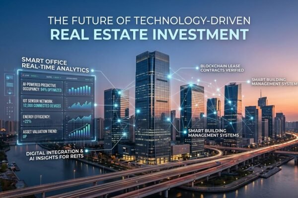 The future of technology in REITs featuring AI, IoT, blockchain, and smart commercial buildings.