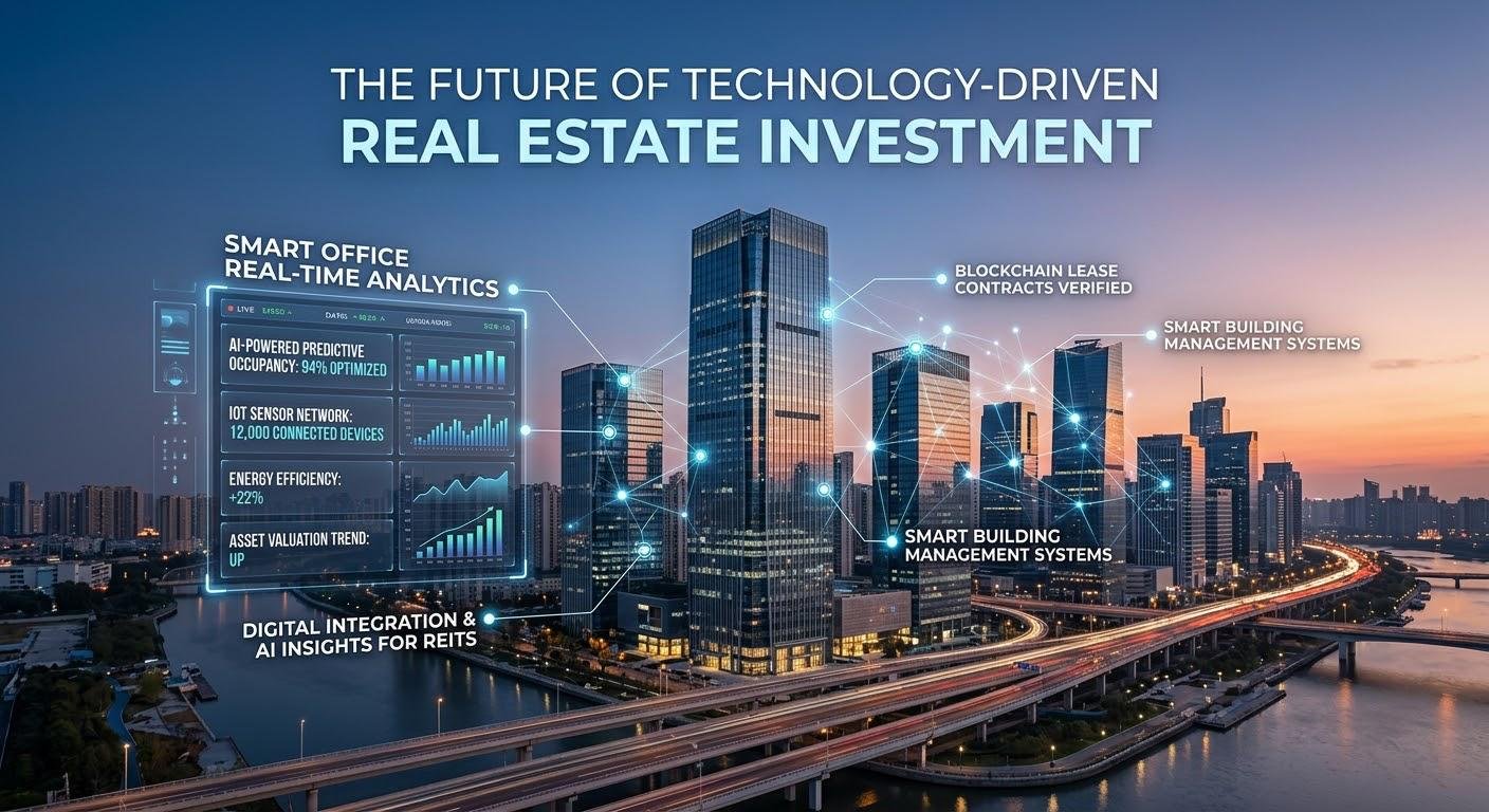 The future of technology in REITs featuring AI, IoT, blockchain, and smart commercial buildings.