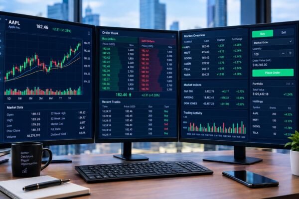 Stock market trading platform displaying price charts, electronic order books, and real time market data.