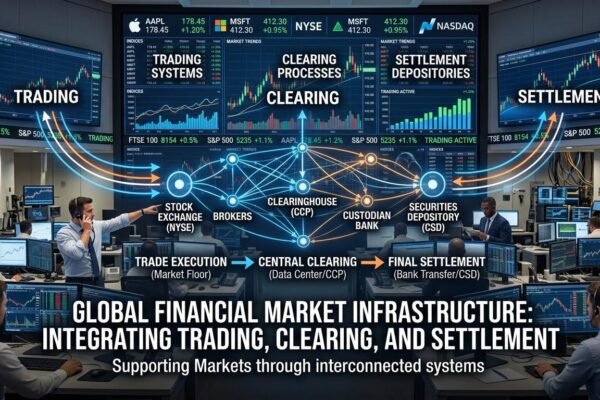 Financial market infrastructure connecting stock trading, clearing, and settlement systems.