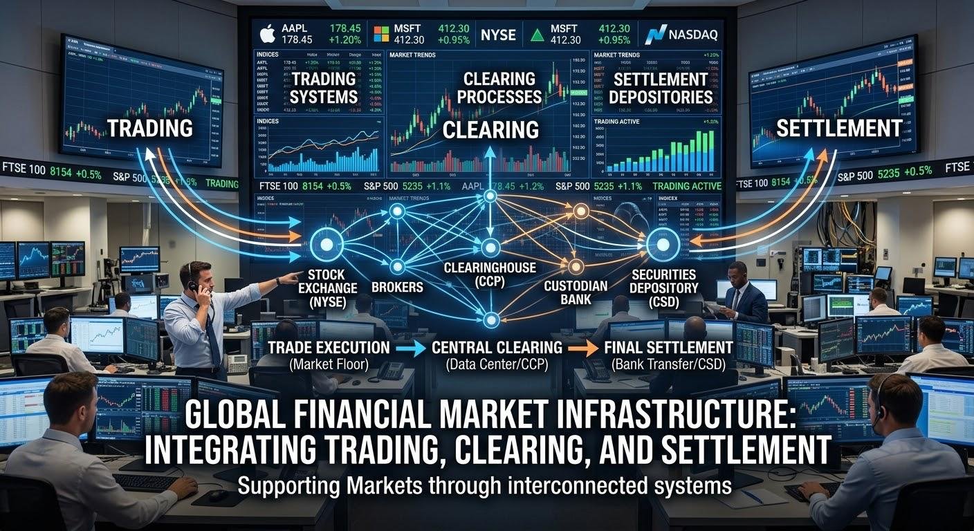 What Is Financial Market Infrastructure? Understanding Trading, Clearing and Settlement Systems 3 Financial market infrastructure connecting stock trading, clearing, and settlement systems.