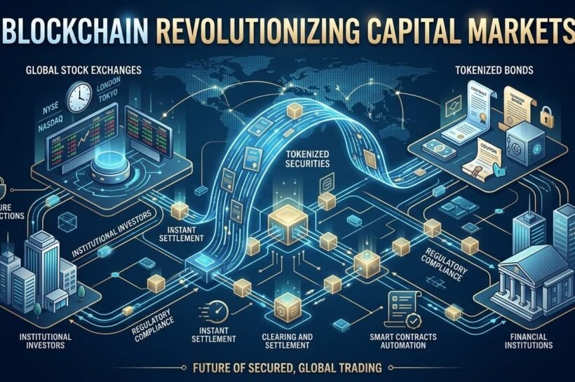 Blockchain technology connecting capital markets, tokenized securities and digital financial transactions.