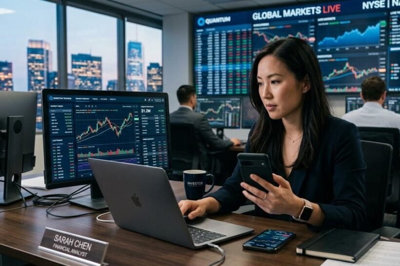 Investor using an online brokerage platforms to monitor stock market data and manage investments.