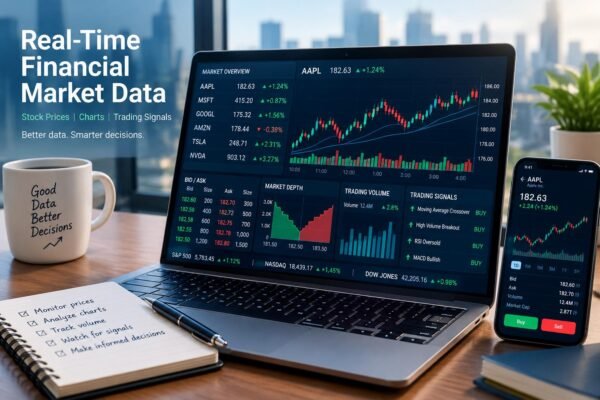 Real-time financial market data dashboard showing stock prices, trading charts, and market indicators.