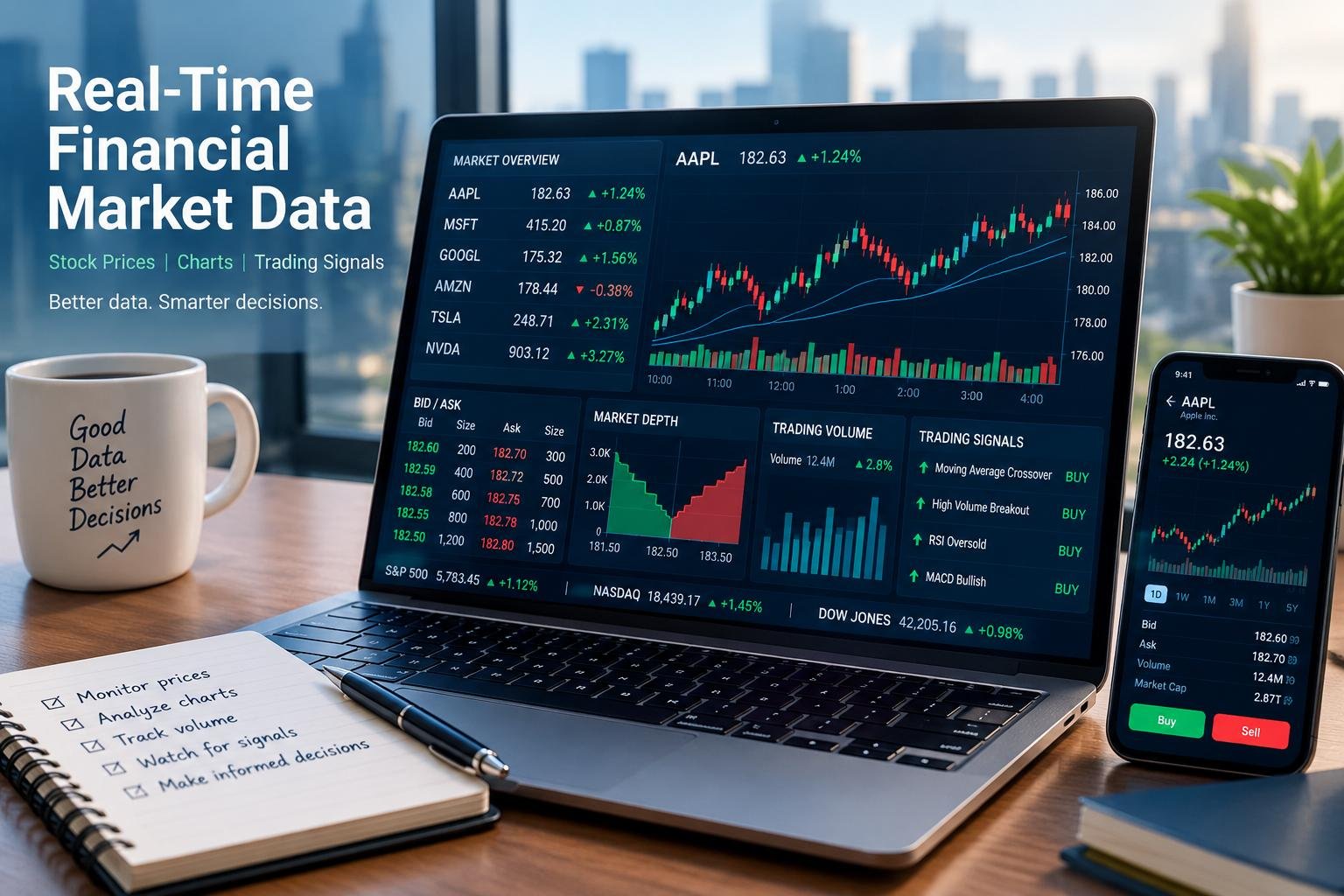 Real-time financial market data dashboard showing stock prices, trading charts, and market indicators.