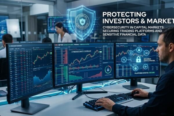 Cybersecurity in capital markets protecting investors, trading platforms, and financial data.